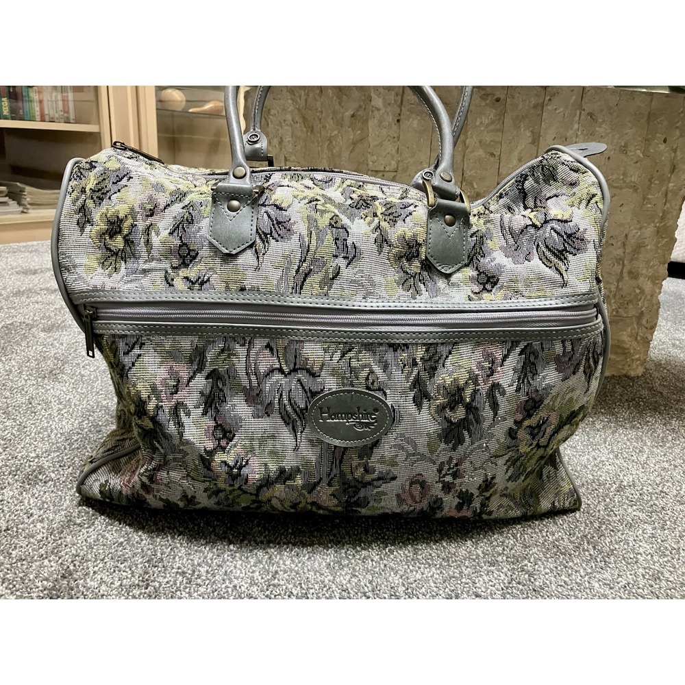 Vtg American Flyer Hampshire Tapestry Carry-on Tote‎ Bag Duffle Gray Floral